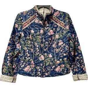 Free People Meadow Navy and Pink Floral Bomber Jacket